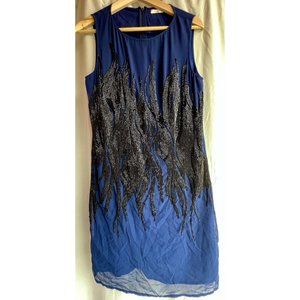 Susana Monaco Lizzy Blue Beaded Mini Dress Black Flames Lined Showroom Sample